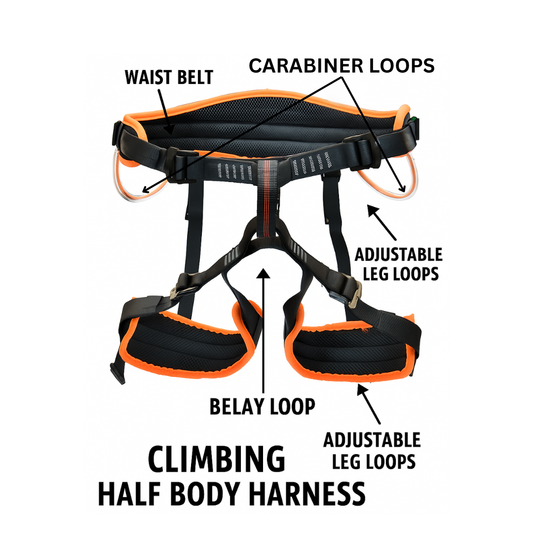 Climbing half body harness with labeled parts on a white background