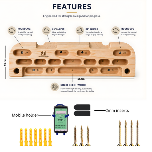 MOUNTAIN ROCKS Mountain Rocks Hangboard Wildwood 2001 - Premium Wooden Climbing Training Board with Multi-Grip Options for Finger Strength and Home Workouts