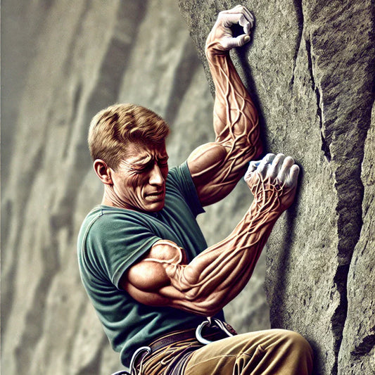 Cartoon image of climber with exaggeratedly limp, noodle-like arms, illustrating arm pump