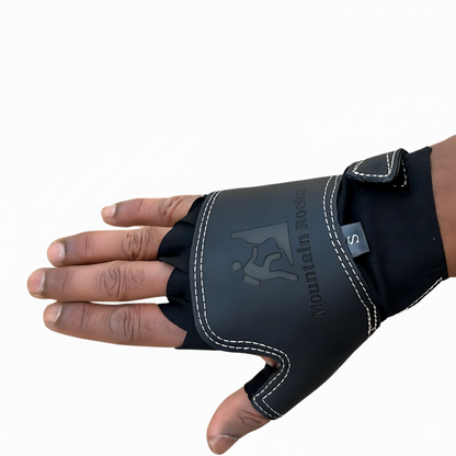 Black half-finger glove on a hand with visible branding on a white background