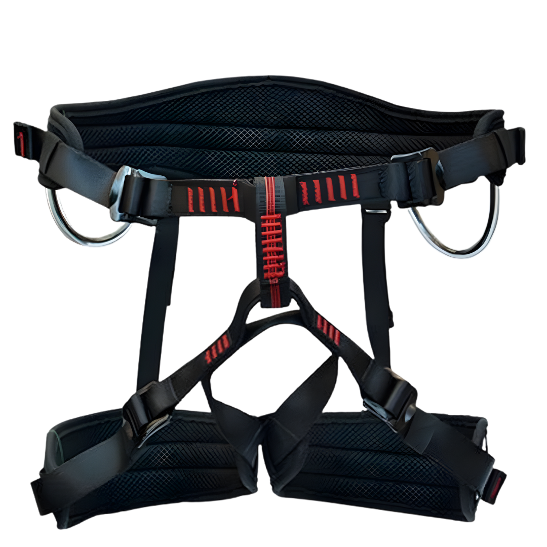 Black climbing harness with red accents on a white background