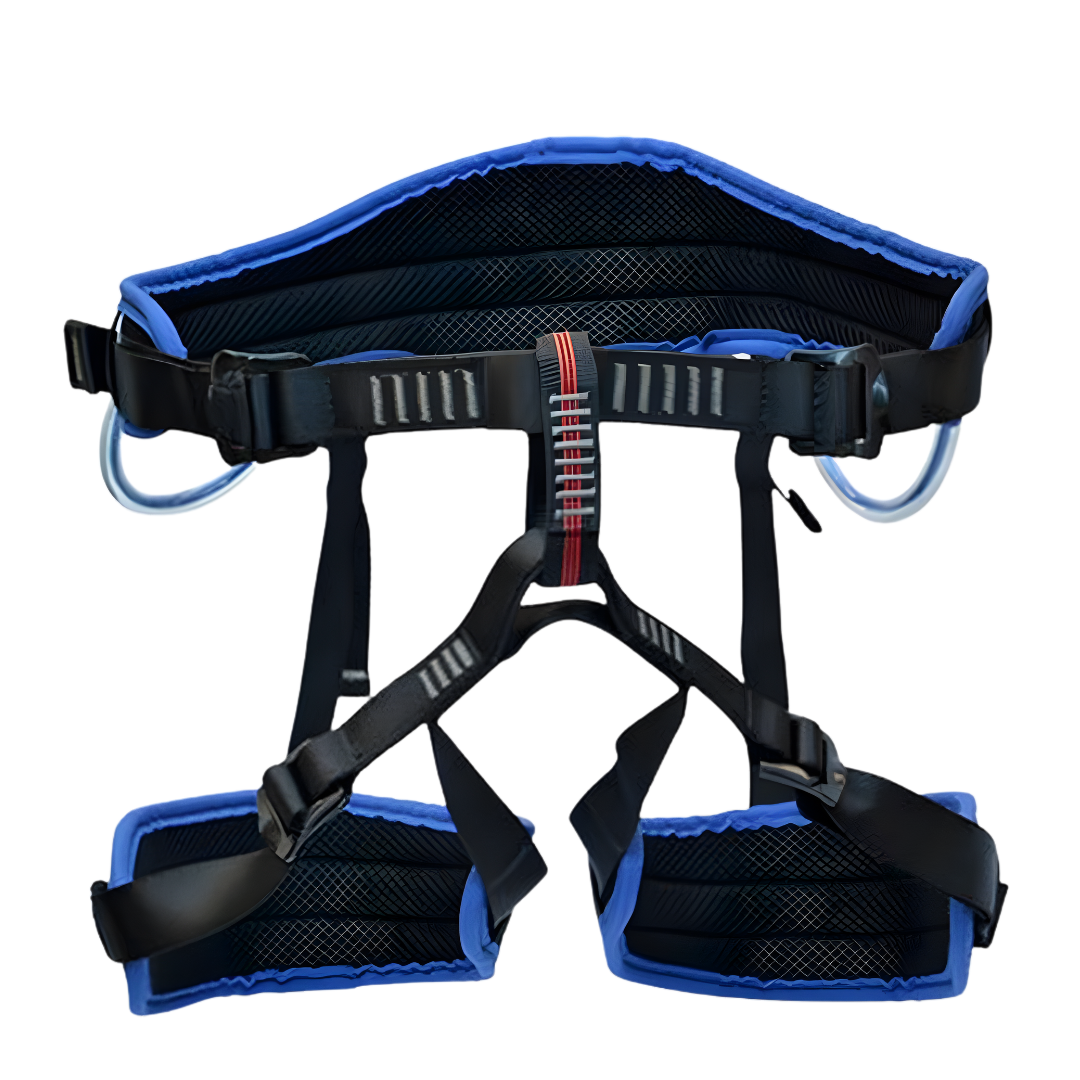 Blue and black climbing harness on a white background