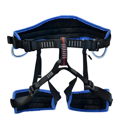 Blue and black climbing harness on a white background