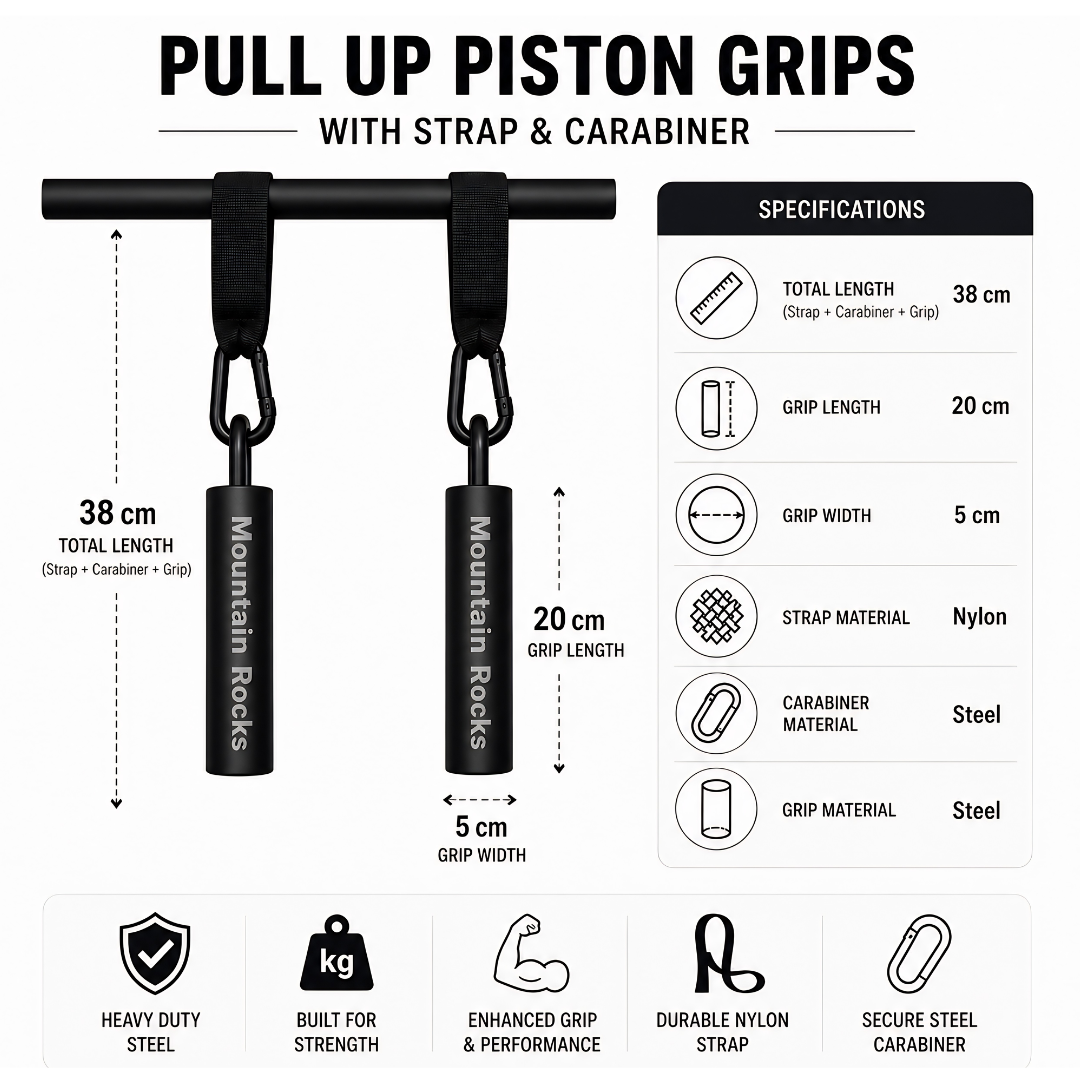 Steel Pull Up Piston Grips with Straps & Carabiners for Grip Strength Training