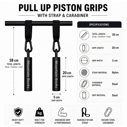 Steel Pull Up Piston Grips with Straps & Carabiners for Grip Strength Training