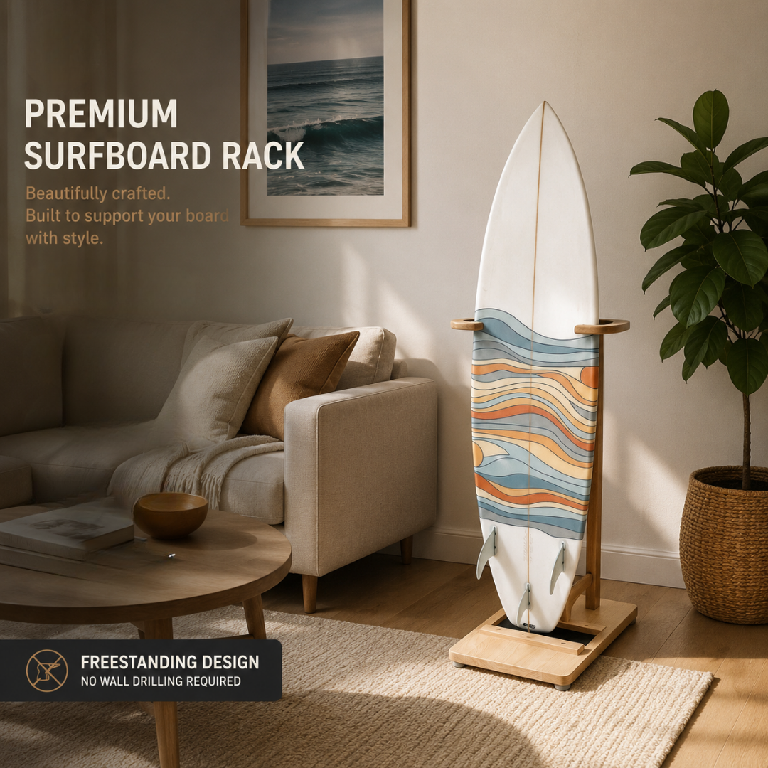 MOUNTAIN ROCKS Premium Solid Beechwood Surfboard Rack – Adjustable Freestanding Surfboard Stand