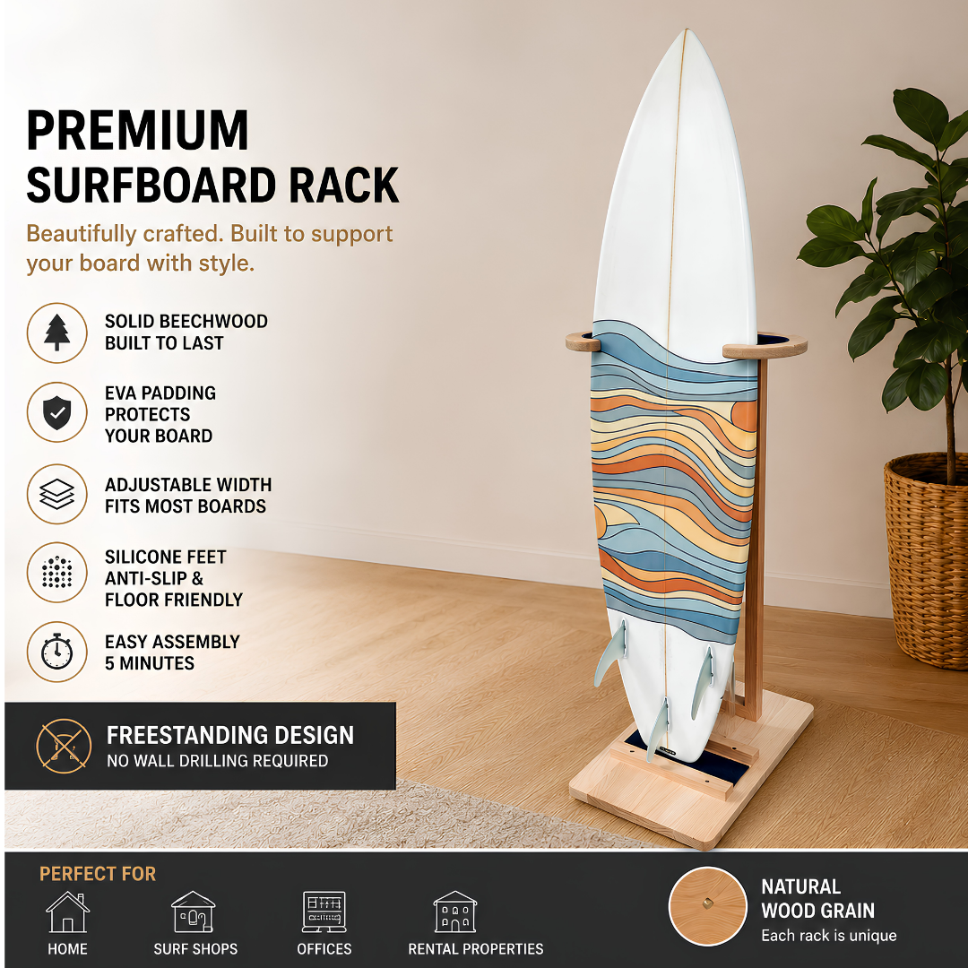 MOUNTAIN ROCKS Premium Solid Beechwood Surfboard Rack – Adjustable Freestanding Surfboard Stand