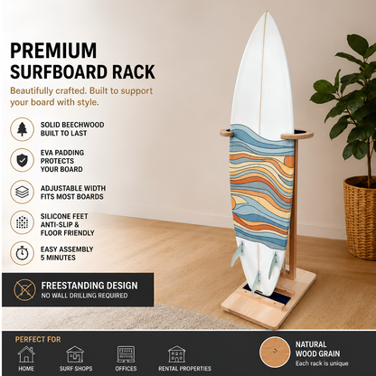 MOUNTAIN ROCKS Premium Solid Beechwood Surfboard Rack – Adjustable Freestanding Surfboard Stand