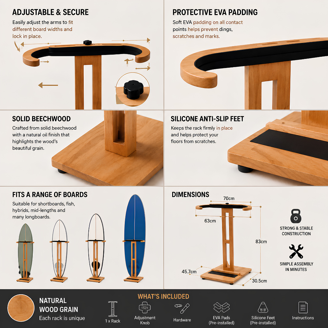 MOUNTAIN ROCKS Premium Solid Beechwood Surfboard Rack – Adjustable Freestanding Surfboard Stand