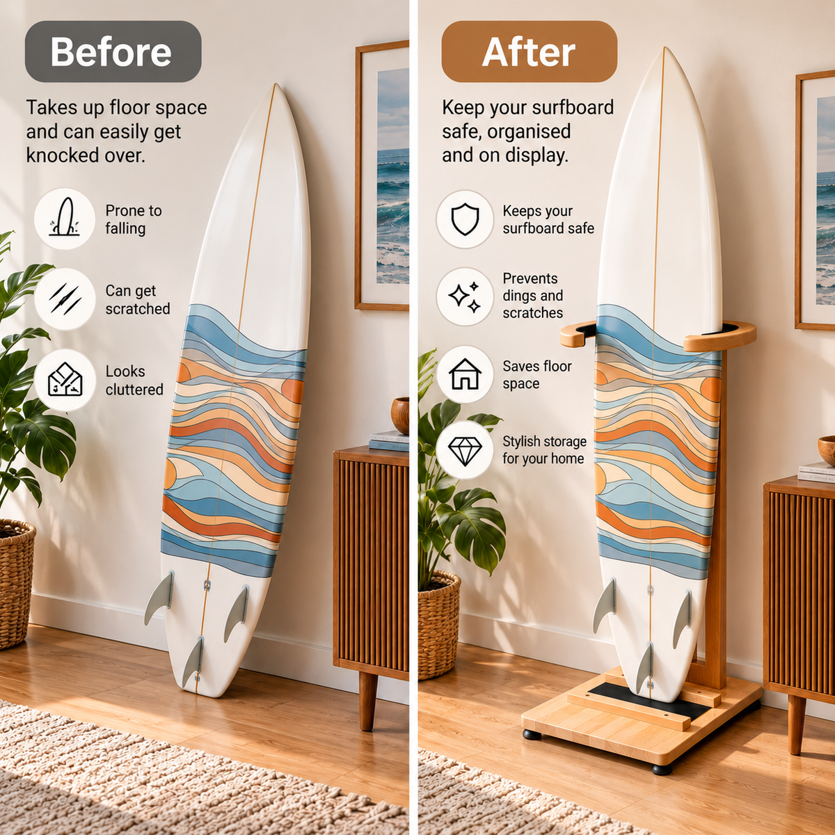 Premium Solid Beechwood Surfboard Rack – Adjustable Freestanding Surfboard Stand
